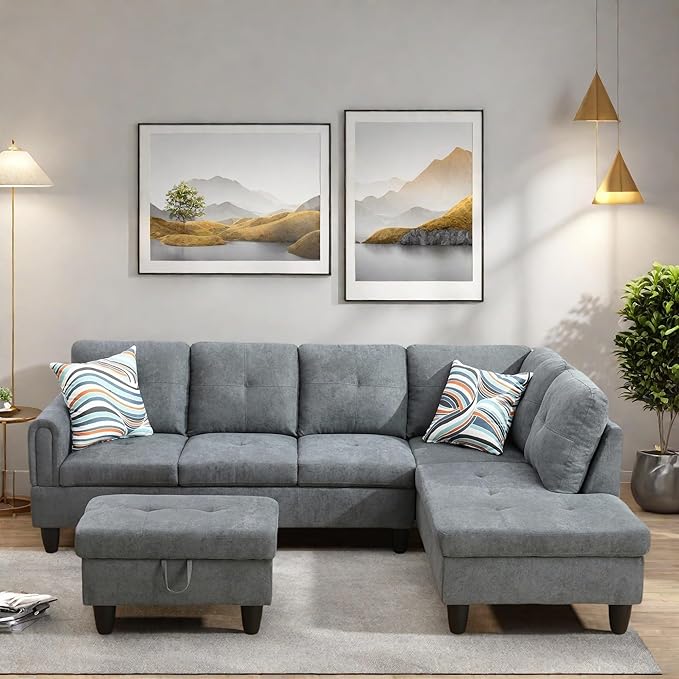 FONTOI L Shaped Sectional Couches, Modern Modular Sectional Sofa for Living Room Bedroom Furniture, Comfortable 4 Seat Couch with Ottoman Storage & Chaise, Gray