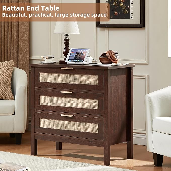 LEYAOYAO 31.5" Wide Rattan Nightstands Set of 2 with Charger Station, Large Boho 3 Drawer Night Stand, Retro Walnut Bedside Table with Storage, Bed Side End Tables for Bedroom, Living Room, Hallway - Image 7