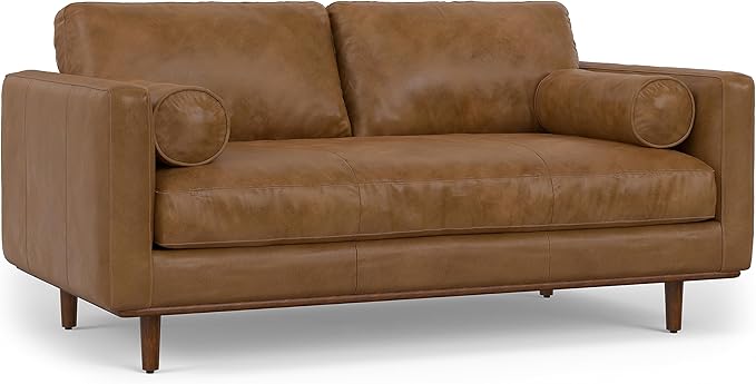 SIMPLIHOME Morrison Mid-Century Modern 72 inch Wide Sofa with Ottoman Set in Caramel Brown Genuine Leather for the Living Room and Family Room