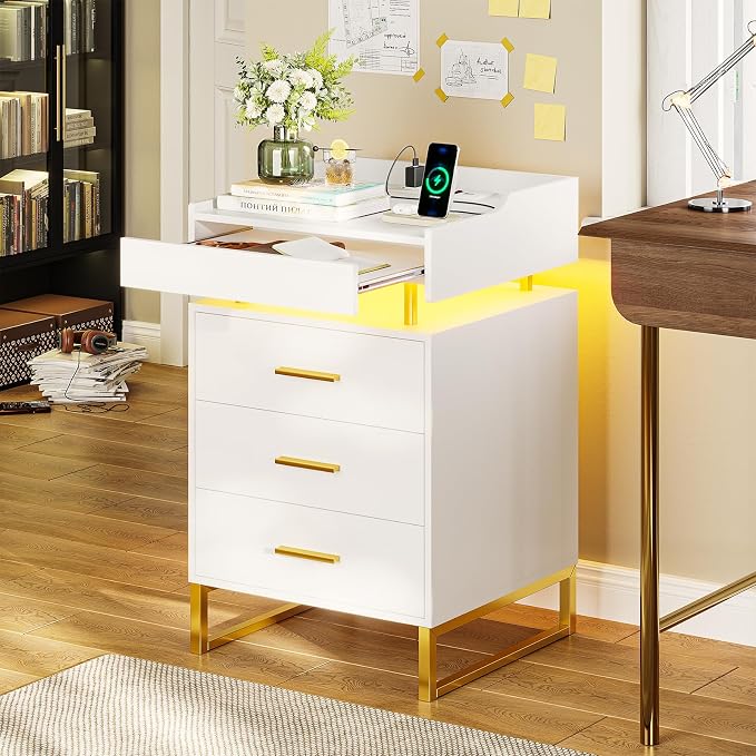 BTHFST LED Nightstand with Charging Station, Large Night Stand with 3 Drawers and 1 Pull-Out Tray, Modern Bedside Table with LED Lights, End Side Table with Storage, White and Gold - Image 8