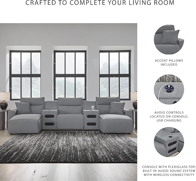 Signature Design by Ashley Modern ModMax II Stain Resistant U-Shape Symmetrical 5-Piece Power Reclining Sectional with Chaise, Built-in Audio Console and Adjustable Headrest, Gray