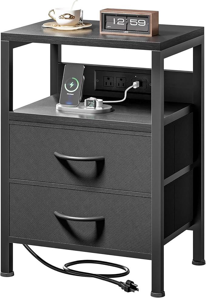 Lazzanto Nightstand Bedside Charger Table for Bedroom - Night Stand with Charging Station, Modern Nightstand with Open Shelf & 2 Fabric Drawers, Bed Side Table with USB-C Port for Dorm, Black by Lazzanto