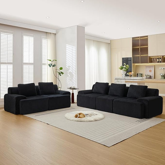 Modular Sectional Sofa, 6 Seat Modular Couch, Modular Sofa with Deep Seat and Detachable Pillow (Black, Rowshape 2 Side)