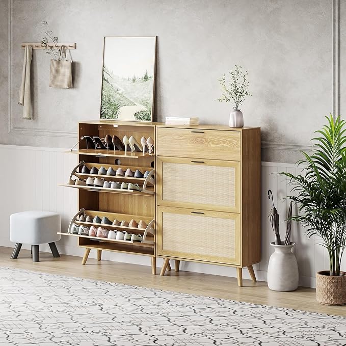 MU Natural Rattan Shoe Cabinet, Entryway Shoe Cabinet with 2 Flip Drawers and Hidden Cabinet, Boho Shoe Organizer Cabinet, Wooden Shoe Storage Cabinet for Entrance, Hallyway, Natural - Image 5
