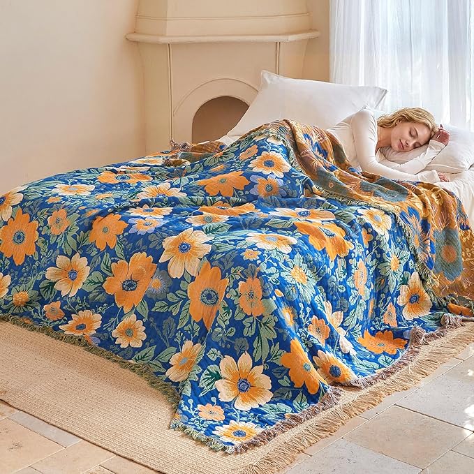 Boho Throw Blanket - 100% Cotton Ultra Soft Muslin Spring Blanket, 50"x60" Lightweight Floral Bird Framhouse Bedding Blanket for Bed, All Season Blue Bohemian Bedroom Home Decor Quilt