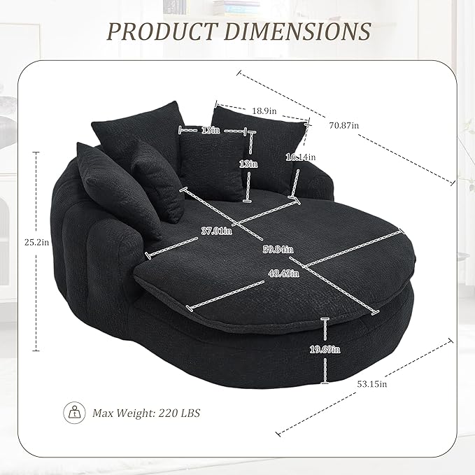 KEIKI 71" Chenille Round Boneless Sofa Couch, Oversized Chaise Lounge Chair Couches Indoor, No Assembly Required Floor Lazy Bean Bag, Modern Sleeper Sofa Bed for Living Guest Room & Bedroom, Black