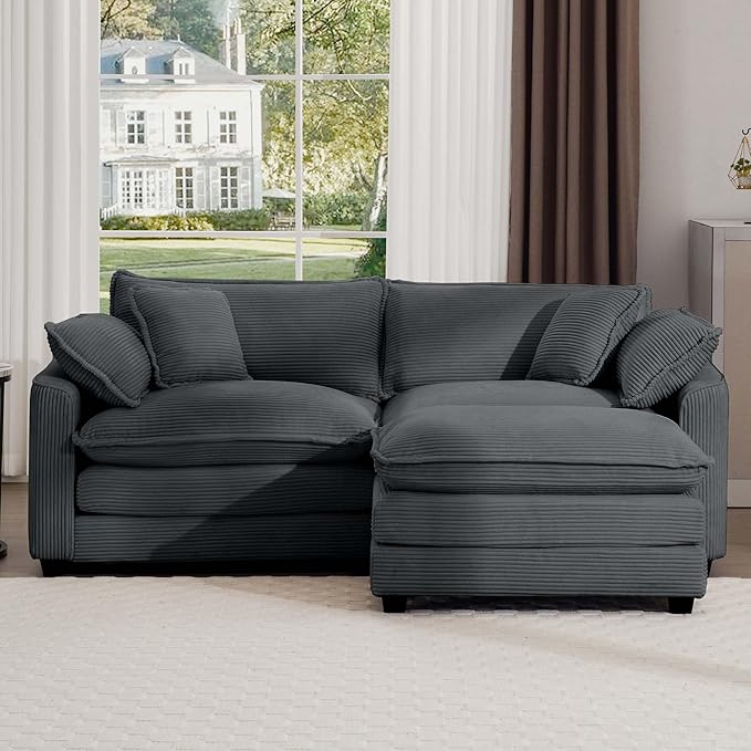 KEIKI 80" L-Shaped Oversized Corduroy Modular Sectional Loveseat Sofa with 1 Ottoman, High-Density Foam Cushions, Removable Armrests, Upholstered 2-Seater Couch with 4 Pillow, for Living Room, Grey