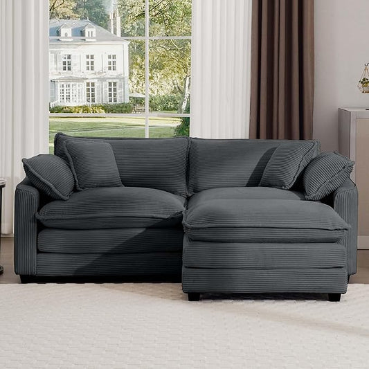 KEIKI 80" L-Shaped Oversized Corduroy Modular Sectional Loveseat Sofa with 1 Ottoman, High-Density Foam Cushions, Removable Armrests, Upholstered 2-Seater Couch with 4 Pillow, for Living Room, Grey