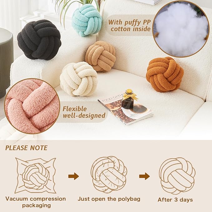 LUSJNGE Decorative Throw Knot Pillow Ball for Home Chair Sofa Couch Bed Aesthetic Round Decor Pillows Lambswool Knotted Pillow Cushion (Ivory White, 13 inches)