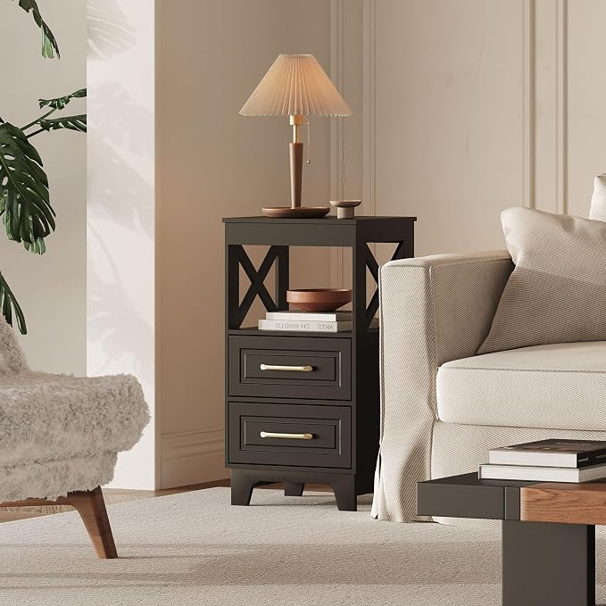 Tall Nightstand Set of 2 Side Table with 2 Drawers Modern Night Stand Wooden End Table Bedside Table with Upper Open Shelf Solid Feet for Bedroom Black - Image 8