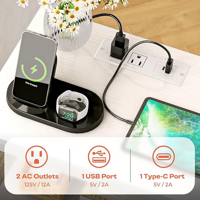 SUPERJARE Nightstand with Charging Station, Bed Side Table with Adjustable Fabric Drawer, Night Stand for Bedroom, 3-Tier Storage End Table, for Living Room, White - Image 4