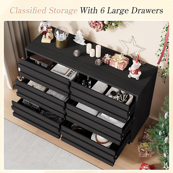 LUXOAK 3 Pcs Bedroom Furniture Set - Includes Farmhouse 6 Drawer Dresser and Nightstand Sets of 2 with Charging Station, Slated Handles & Stainless Steel Feet, Black