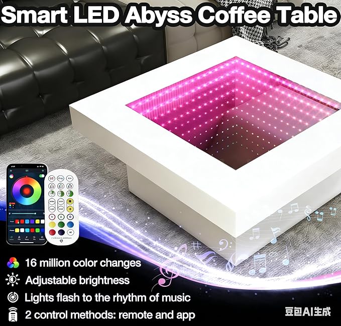 FKWin Modern Coffee Table for Living Room - 31” Endless Depth Mirror Center Table with Led Lights, Unique Square Coffee Table with Tempered Glass-Top, White