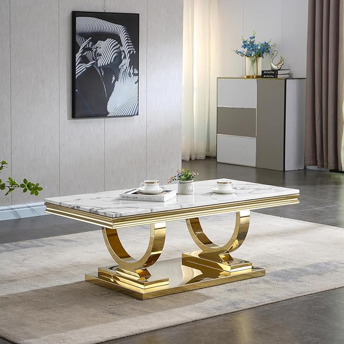 Modern Marble Coffee Table, Rectangular White and Gold Marble Tea Table with U-Shape Stainless Steel Base with Gold Mirrored Finish for Living Room (Gold3)
