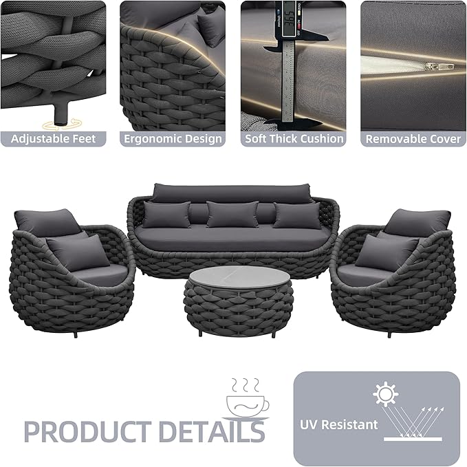 TWT Outdoor Patio Furniture Set-5 Pieces Aluminum Sectional Sofa, Metal Patio Conversation Set with Threeseat & Armchair, Textile Rope and Coffee Table, Dark Grey