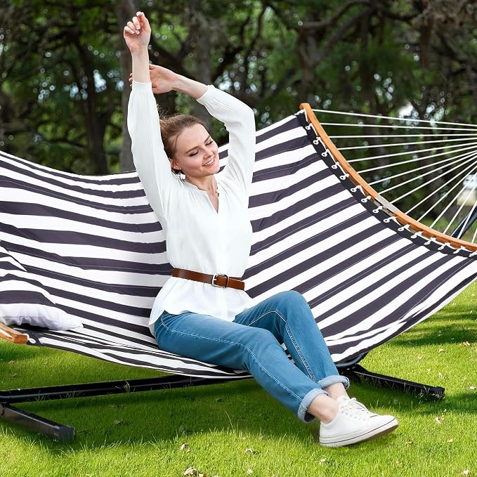 SUNCREAT Hammocks Extra Large Hammock with Stand Included, Double Hammock with Curved Spreader Bar, Black Stripes - Image 2