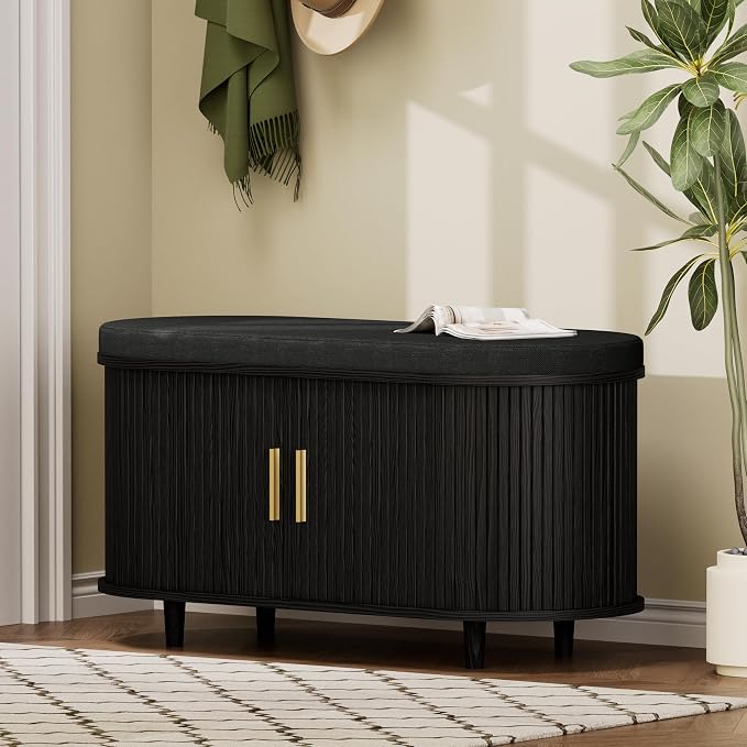 DHH 2-Tier Storage Bench,Wide Shoe Bench with Thickened Padded Seat Cushion, Mid Century Modern Fluted Sliding Door and Adjustable Shelf, for Entryway, Living Room, Bedroom (Black, 35.4“) - Image 3