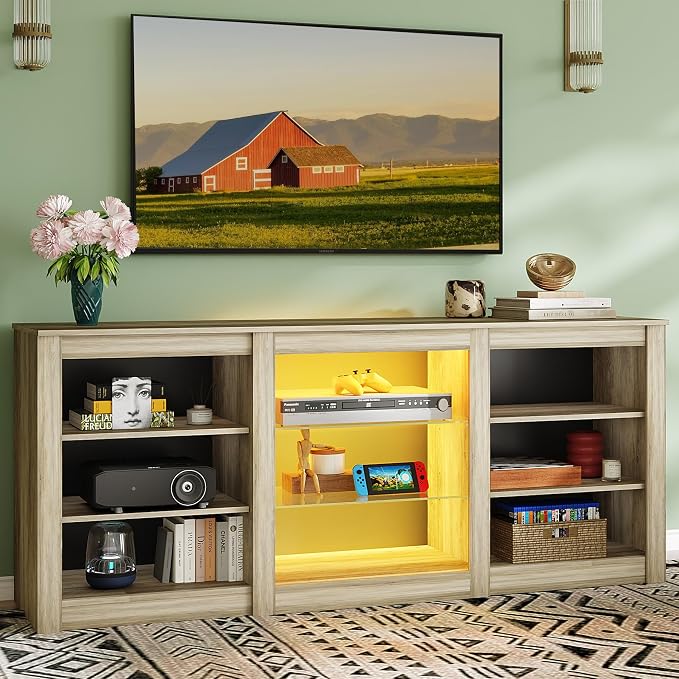 WLIVE Modern TV Stand for 65 Inch TV, Entertainment Center with Adjustable Open Shelves & RGB LED Lights, Sturdy Media Console for Living Room, Bedroom,Gaming(Gray Oak) by WLIVE