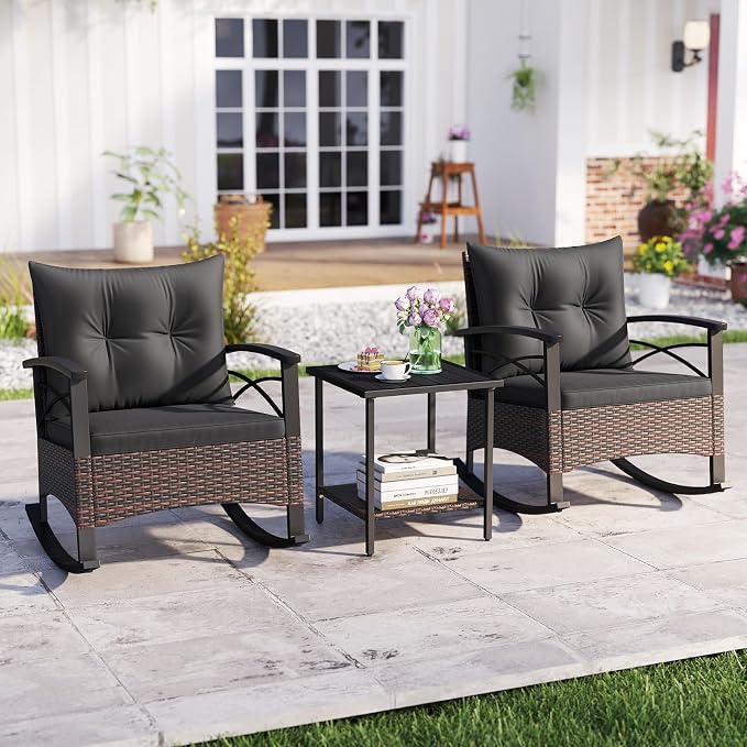 Tangkula 3 Piece Rattan Rocking Chair Set, Patio Rocker Bistro Set with Acacia Wood Tabletop & Armrests, 2 Outdoor Cushioned Armchairs w/Double-Tier Side Table for Porch, Balcony, Backyard - Image 2