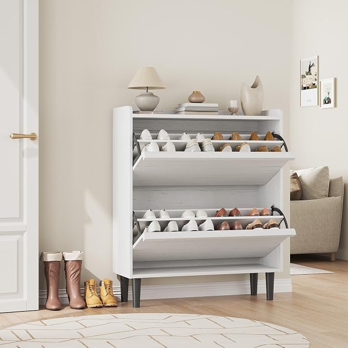 GarveeHome Shoe Cabinet with 2 Flip Drawers, Wooden Shoe Organizer with Adjustable Shelf, Shoe Storage for Entryway, Hidden Shoe Cabinet for Hallway, Living Room, White - Image 7