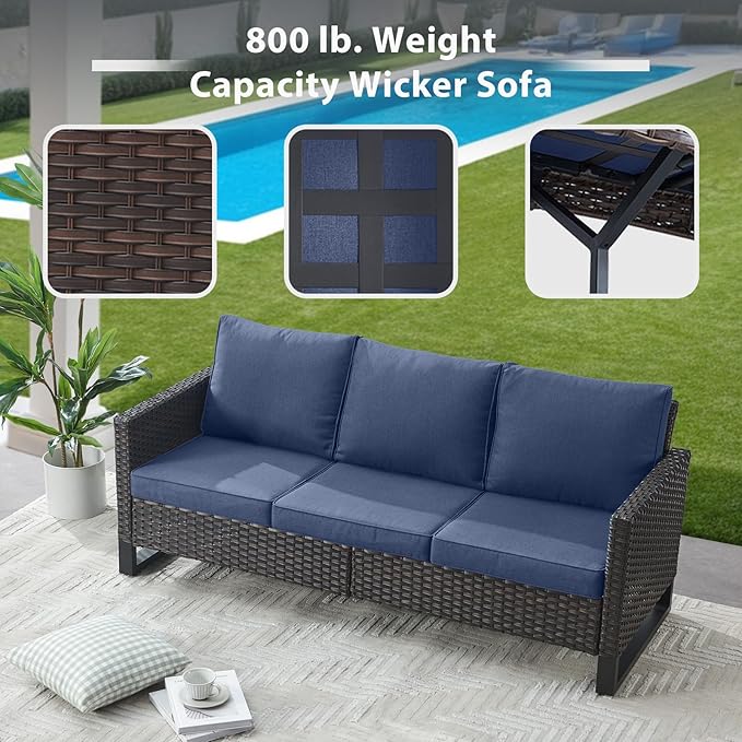5 Piece Wicker Patio Furniture with Fire Pit Table - Outdoor Conversation Set with 50,000 BTU Fire Pit, All Weather Rattan Patio Set for Deck Backyard Garden - Brown Wicker Blue Cushion