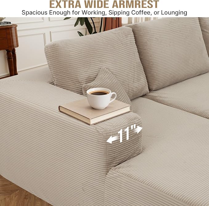 Rovibek 105” Modular Sectional Sofa with Chaise, Boneless Couches for Living Room with Deep Seat & Throw Pillow, Comfy Corduroy Fabric U Shaped Couch, No Assembly Required, Camel