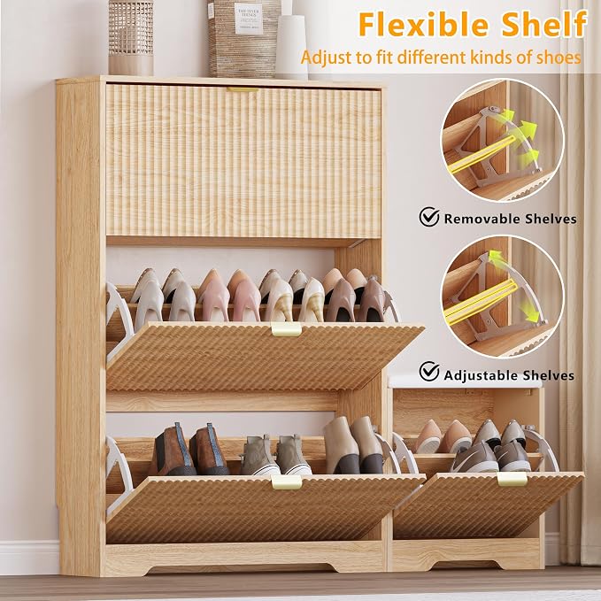 BORNOON Slim Shoe Cabinet with Bench for Entryway, Hidden Storage and Adjustable Shelves, Free Standing Wooden Shoes Organizer for Hallway, Foyer - Image 3