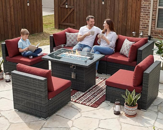 NICESOUL 7 Piece Outdoor Patio Furniture with Firepit Table Natural Gas & Propane Convertible, 29.3'' High Back L Shaped Couch Sectional, Extra Large Rattan Patio Modular Set for Backyard, Burgundy