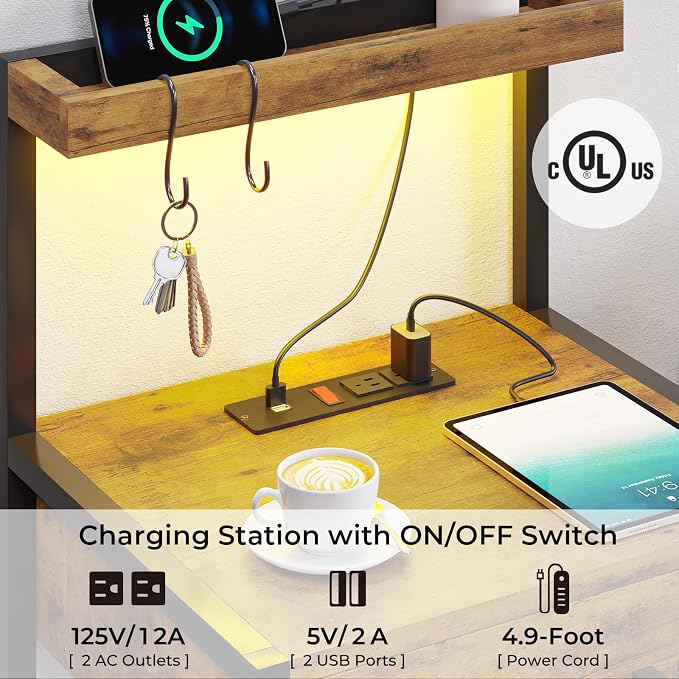 VIAGDO Led Nightstand with Charging Station, 3 Drawers Night Stands with Led Lights, Rustic Brown Bedside Tables with Storage Shelves, Modern End Side Tables for Bedroom, Office - Image 3