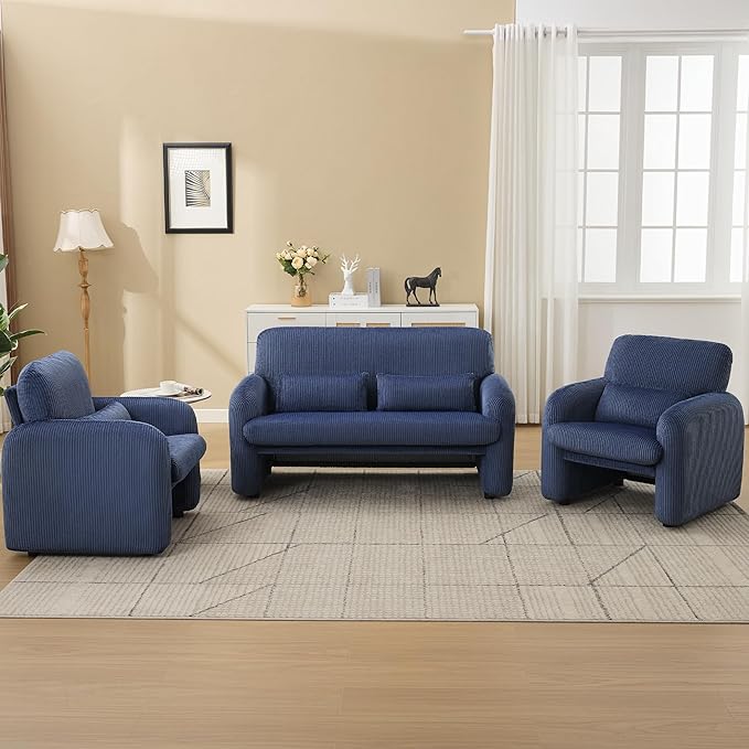 WUTUTUEE Corduroy Accent Living Room Sets, Modern Upholstered Love Seat with 2 Accent Chairs, Wide Comfy Leisure Chair Sets for Bedroom, Office, Blue