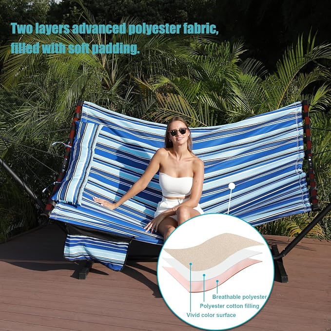 TegerDeger 12FT 2 Person Hammock Large Hammock 450LB Capacity with V Shaped Hardwood Spreader Bar & Nylon Rope for Outside, Patio, Garden, Backyard, Beach, Poolside - Blue Stripes - Image 5