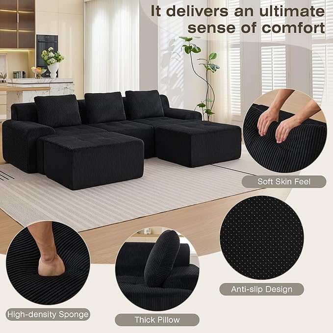 Modular Sectional Sofa, 6 Seat Modular Couch, Modular Sofa with Deep Seat and Detachable Pillow (Black, 5 Pieces-U Shape)