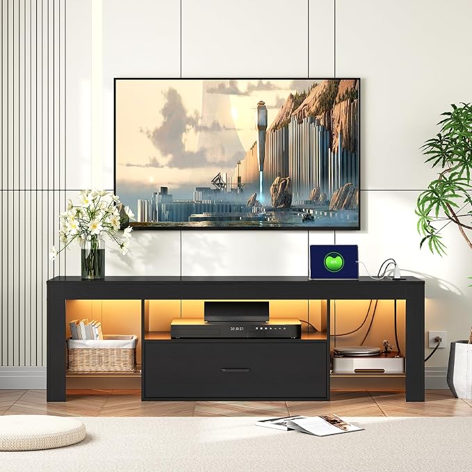 HOOBRO LED TV Stand with Power Outlets to 65 inch TV, Gaming Entertainment Center with Glass Shelves and Large Drawer, Modern Media TV Console Table for Living Room Bedroom, Black BB14UDDS01G1 - Image 2