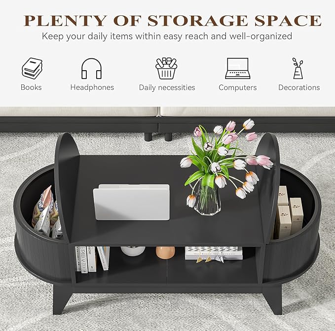 46.45'' Oval Coffee Tables for Living Room, Mid Century Modern Coffee Table with Storage, Wood Fluted Accent Center Table with Flip-Top Lids for Home,Office(Black)