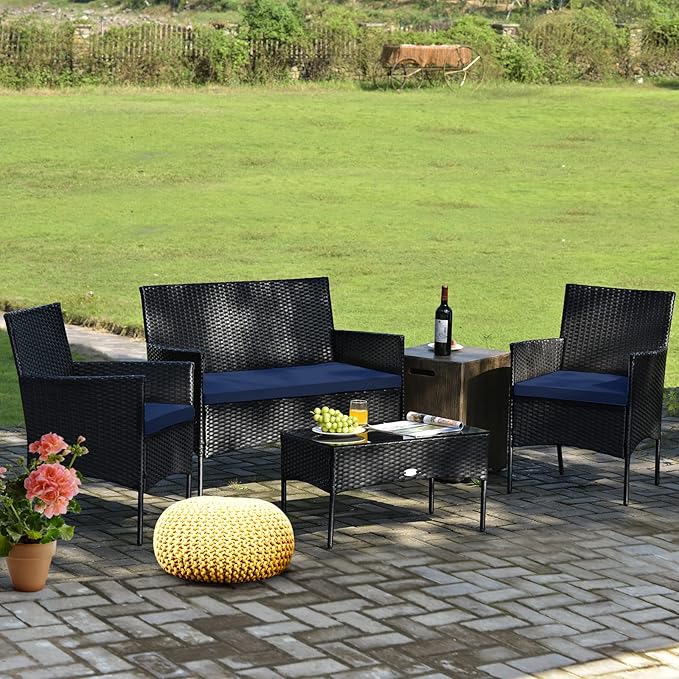 4 Pieces Patio Furniture Set, Outdoor Conversation Set with Ergonomic Curved Backrest, Patio Chair Set with Water-Resistant Cushion & Tempered Glass Table for Balcony, Porch (Navy Blue)