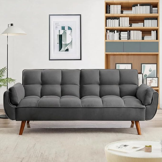 Convertible Futon Sofa Bed, Modern Futon Couch with 2 Pillows, Small Futons Couch with Adjustable Armrest & Backrest, Loveseat Sofa Bed for Living Room, Bedroom, Dark Gray