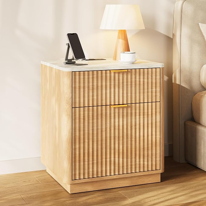 24” Tall Nightstand - Fluted Night Stand with Charging Station Faux Marble Top Bedside Table with Curved Profile Design for Bedroom/ 2 Drawer, Natural Wood by TROJMHome