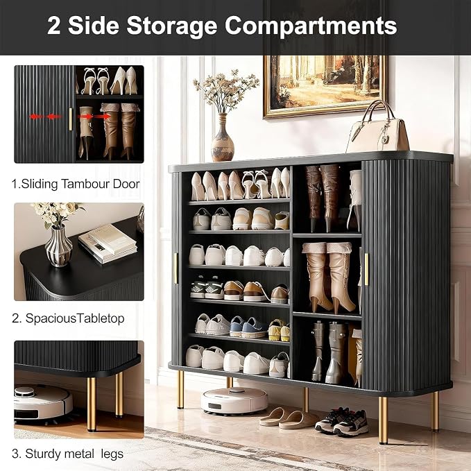 Shoe Cabinet Storage for Entryway: 6-Tier Shoe Cabinet with Adjustable Shelves & Sliding Doors, Mid-Century Modern Freestanding Shoe Storage Organizer for Entryway, Hallway, Living Room - Image 3