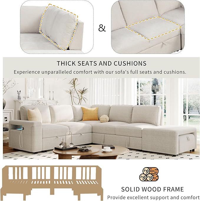 Ball & Cast 90.6" Convertible Sectional Couches Fabric Sofa Set with Pull Out Bed,L-Shaped Modular Padded Cloud w/Storage Space and USB Ports & Cup Holders on The Armrests,for Living Room,Beige