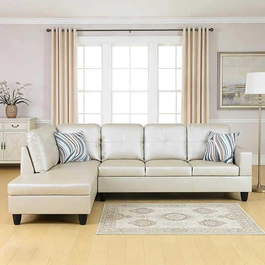 103.5 Inch Modern L-Shaped Couch, PU Leather Sectional Sofa with Chaise Lounge, 4-Seater Couch with Accent Pillows for Living Room, Apartment, Bright Light Grey