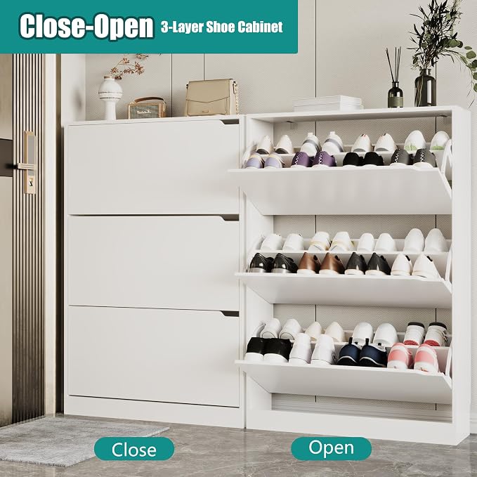 Xixini Shoe Storage Cabinet for Entryway with 3 Flip Drawers, Sturdy Wood Hidden Shoe Storage, Freestanding Narrow Slim Shoe Organizer for Front Door Entrance, Living Room, Hallway, Bedroom, White - Image 4