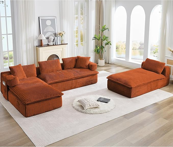 149" Oversized U Shaped Cloud Modular Sectional Sofa Boneless Couch with Double Chaise,Free Combination Convertible Floor Sofa Bed with Storage Pockets and Pillows | No Assembly