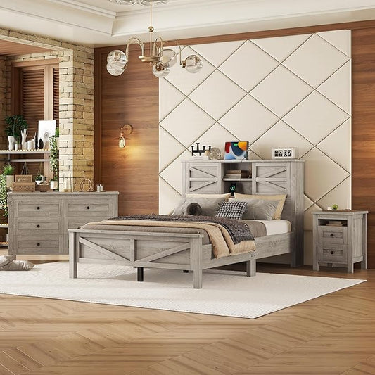 Harper & Bright Designs 3 Pieces Bedroom Set Full Size Platform Bed with Storage Headboard, Nightstand and Dresser, 3 Piece Wood Bedroom Furniture Set,Antique Gray