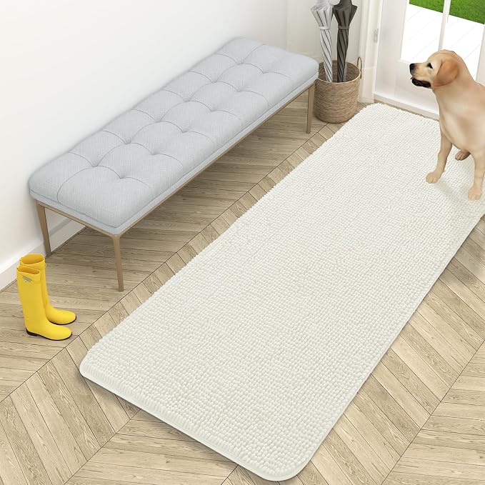 OLANLY Dog Door Mat for Muddy Paws 59x24, Absorbs Moisture and Dirt, Absorbent Non-Slip Washable Doormat, Quick Dry Chenille Mud Mat for Dogs, Entry Indoor Entryway Carpet for Inside Floor, Ivory by OLANLY
