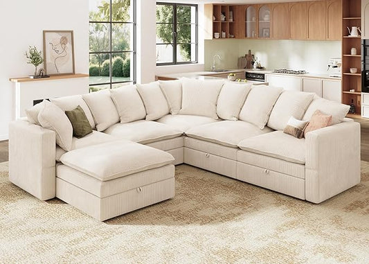 HONBAY Modular Sectional Sofa, 6 Seat U Shaped Corduroy Couch with Storage & Pillows, Convertible Sectional Couches for Living Room, Beige