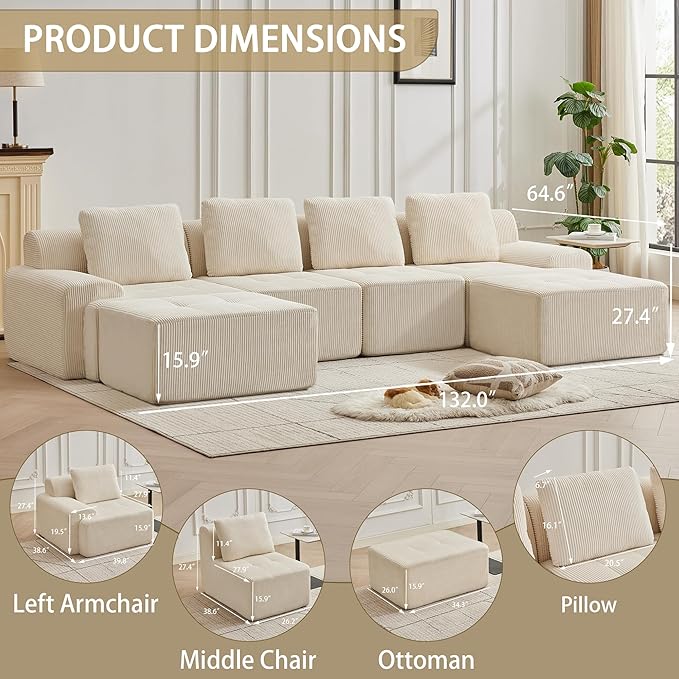 Modular Sectional Sofa with Movable Ottoman, 4 Seat Deep Seat Couch with 4 Pillows, Comfy Cloud Sectional Sofa for Living Room, Bedroom and Apartment (White, 1 Left+1 Right+2 Middle+2 Ottoman)