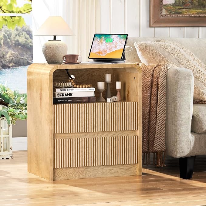 Modern Fluted Night Stand with Charging Station, 25" Tall Wood Nightstand Bedside Table with 3 Drawers & USB Ports, Mid-Century End Table for Bedroom (2, Nature Fluted, 2 Drawers) - Image 3