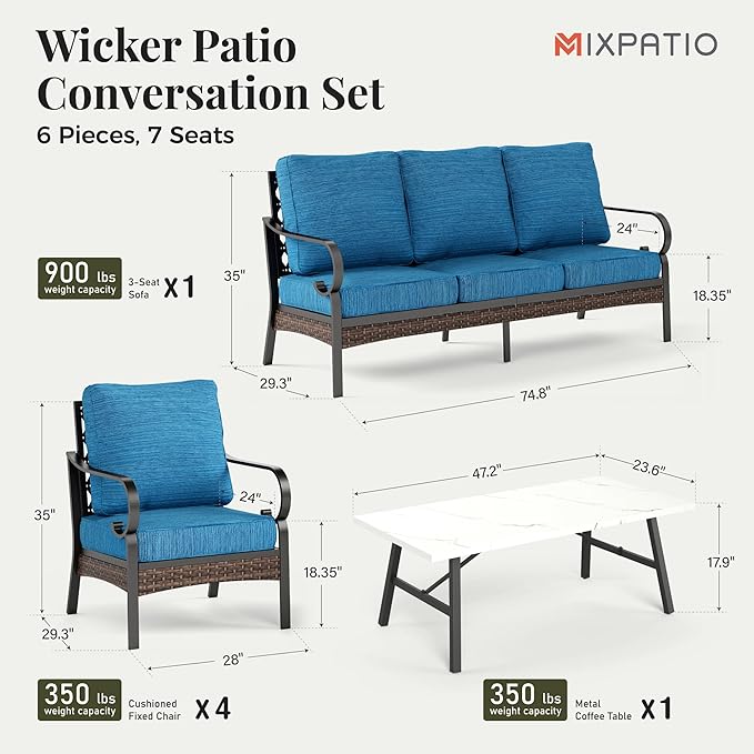 Patio Furniture Set with Coffee Table, Outdoor Conversation Set with 4 x Fixed Chairs, 1 x 3-Seat Sofa for Lawn Garden Backyard, Pacific Blue