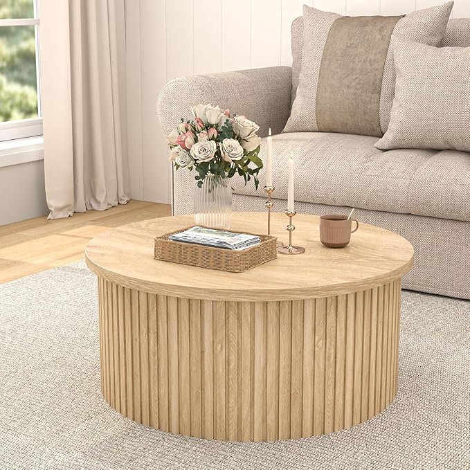 Fluted Lift Top Coffee Table with Hidden Storage, 31.6 Inch Round Coffee Tables for Living Room, Circle Wood Center Tables for Home (Wood Color)