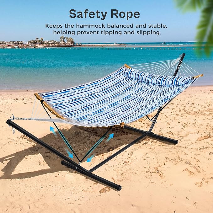 SUPERJARE Hammock with Stand, 2 Person Heavy Duty Hammock Frame, Detachable Pillow & Strong Curved-Bar & Portable Carrying Bag, Perfect for Outdoor & Indoor - Graffiti Blue - Image 5
